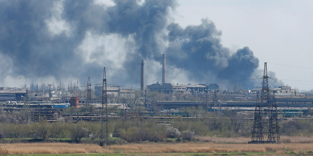 Smoke rises above the Mariupol Azovstal Iron and Steel Works factory on April 21.