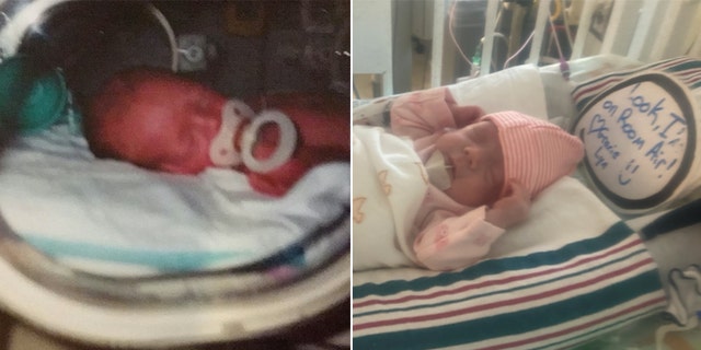 Megan Baker (left) was born prematurely in 1998 in South Carolina. Shown on the right is her daughter, Grace Lyn Baker, born as a preemie weeks ago. 