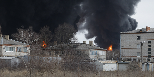 Smoke rises into the sky in Belgorod, Russia on Friday. 