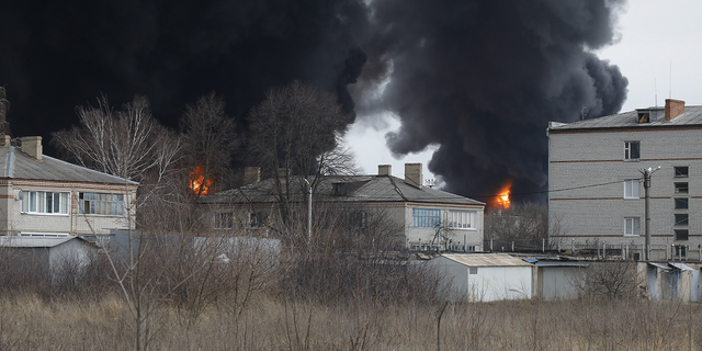 Smoke rises into the sky in Belgorod, Russia on Friday.