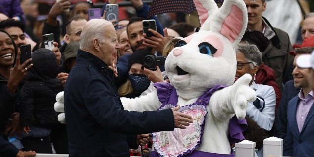A White House communications staffer dressed as the Easter Bunny kept President Joe Biden from answering questions from the press during the Easter Egg Roll on the South Lawn of the White House in Washington, D.C., on Monday, April 18, 2022.