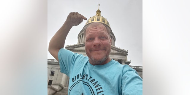 Bob Barnes, 52, of Syracuse, New York, has been cycling to all 50 U.S. state capitals in the span of a year. On April 8, he arrived at his 34th capital, Charleston, West Virginia. 