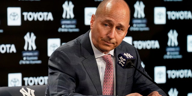 Brian Cashman, general manager and senior vice president of the New York Yankees, announces that the team failed to secure a multi-year deal with right fielder Aaron Judge (99) before their opening day baseball game against the Boston Red Sox, Friday, April 8, 2022, in New York.