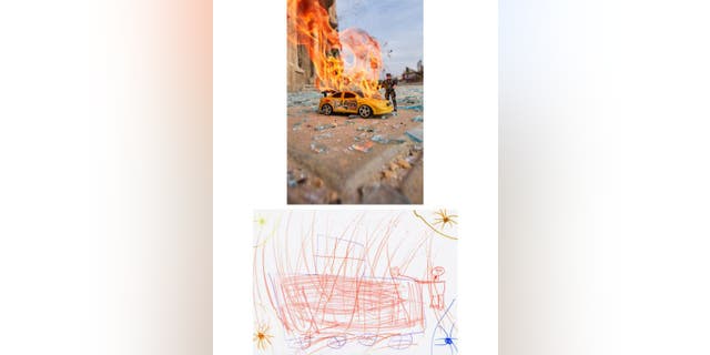 McCarty of L.A. created his "Suicide Car Bomber" art piece in 2017. A girl named "Shadiya" from the Hassansham IDP Camp drew a photo of a Daesh soldier setting off a car bomb in East Mosul, Iraq.