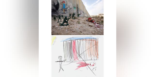 McCarty started his War Toys photo series in 2011 with a "Wall Shooting" art piece. An 11-year-old boy named "Walid" drew a picture of his friend being killed by an IDF soldier near the Israeli Separation Barrier.