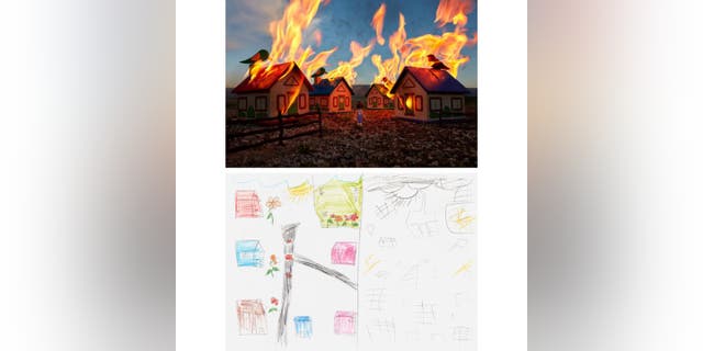 McCarty created this War Toys "Burning Neighborhood" art piece in 2016. A 13-year-old girl named 'Fatima" from the Kayany Foundation’s Malala Yousafzai School drew a before-and-after picture of her neighborhood on fire in Bekaa Valley, Lebanon.