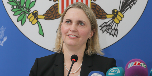 FILE - Bridget Brink, shown here in her role as Deputy Assistant Secretary of State for European and Eurasian Affairs, speaks during a press conference in Azerbaijan in 2018.