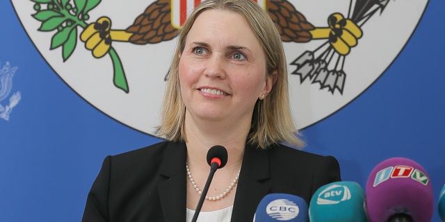 FILE - Bridget Brink, shown here as Deputy Assistant Secretary of State for European and Eurasian Affairs, speaks during a press conference in Azerbaijan in 2018.