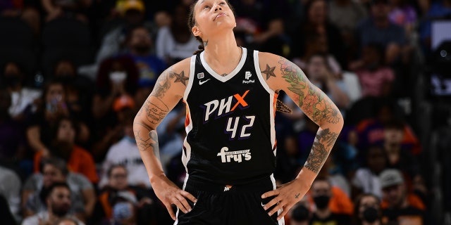 Brittney Griner of the Mercury during the WNBA Finals game against the Chicago Sky on Oct. 13, 2021, at Footprint Center in Phoenix, Arizona.