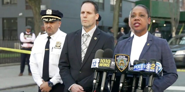 In this image taken from video provided by the NYPD, New York Police Commissioner Keechant Sewel, right, speaks during a news conference, Friday, April 8, 2022, in New York. 