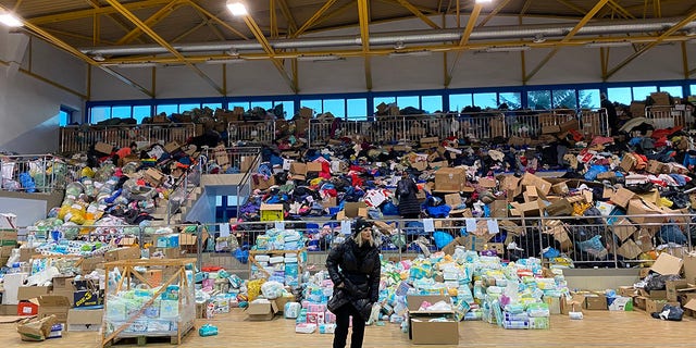 Warehouse full of supplies at the border of Ukraine and Poland. 