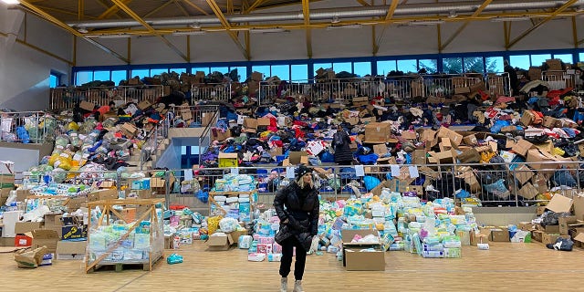 Warehouse full of supplies at the border of Ukraine and Poland.