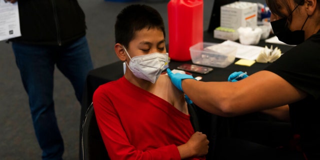 A youngster receives the Pfizer COVID-19 vaccine at a pediatric vaccine clinic for children ages 5 to 11 set up at Willard Intermediate School in Santa Ana, Calif., Tuesday, Nov. 9, 2021.