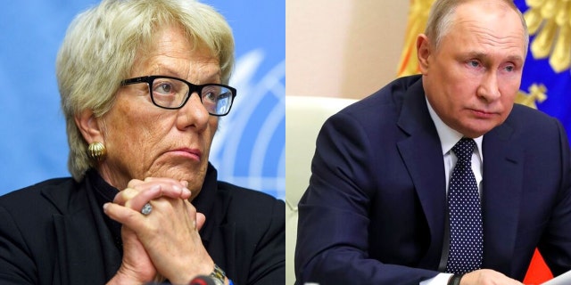 Left, former U.N. chief prosecutor, Carla del Ponte, and Russian President Vladimir Putin.