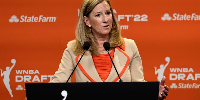 WNBA Commissioner Cathy Engelbert speaks before the WNBA basketball draft, Monday, April 11, 2022, in New York.