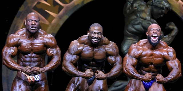 Competing in the Arnold Sports Festival on March 7, 2020, in Columbus, Ohio, are, from left, Maxx Charles, Cedric McMillan and Sergio Oliva Jr.