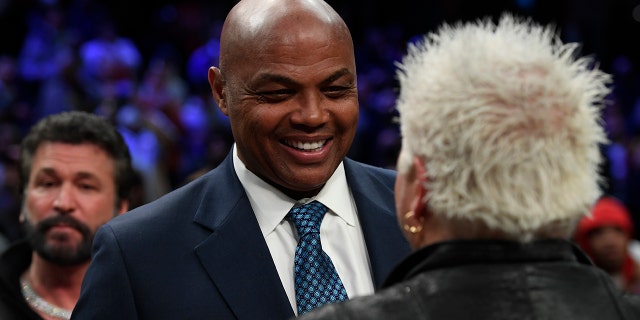 NBA legend, Charles Barkley talks to Guy Fieri during the 71st NBA All-Star Game on Feb. 20, 2022, in Cleveland, Ohio.