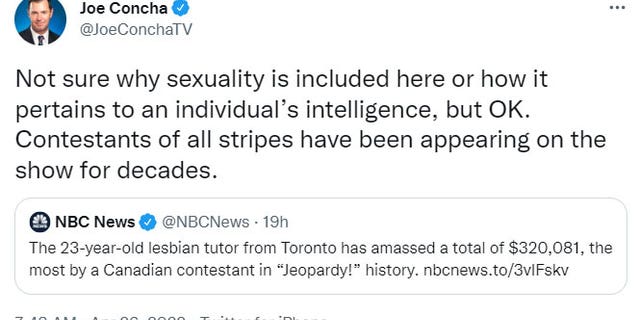 Fox News contributor Joe Concha roasted NBC News on April 25, 2022 over a tweet from earlier in the day describing a "Jeopardy!" contestant winner by her sexual orientation rather than her name. (Screenshot/Twitter)