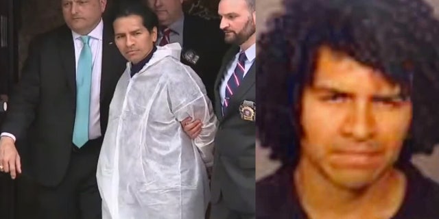 David Bonola being led out of the NYPD'S 112th precinct on April 21, 2022; David Bonola mugshot