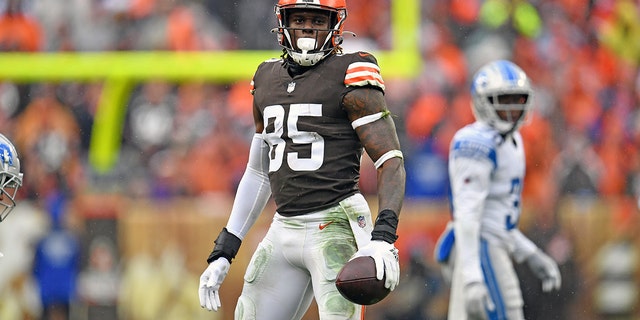 Tight end David Njoku #85 of the Cleveland Browns pauses after a play during the first half against the Detroit Lions at FirstEnergy Stadium on November 21, 2021 in Cleveland, Ohio. The Browns defeated the Lions 13-10. 