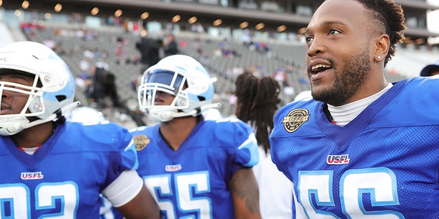 Davin Bellamy, right, of the New Orleans Breakers during the Philadelphia Stars game at Protective Stadium on April 17, 2022, in Birmingham, Alabama.