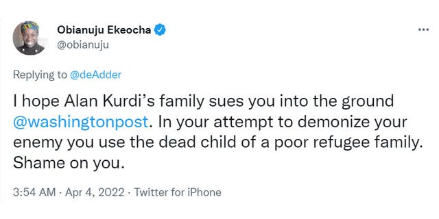 Activist Obianuju Ekeocha blasted Washington Post columnist Michael de Adder over a cartoon that appeared to be based off the infamous image of drowned Syrian boy Alan Kurdi. (Screenshot/Twitter)