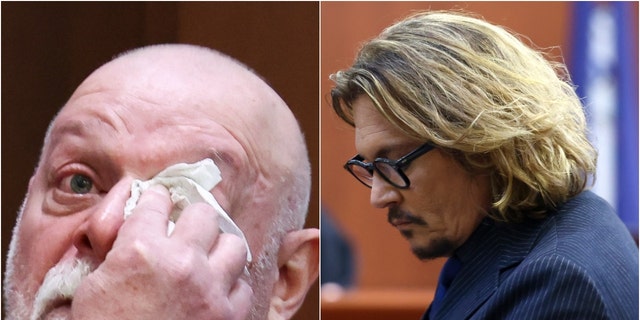 A photo combination of Isaac Baruch on the stand and Johnny Depp in the courtroom at Depp's defamation trial against ex-wife Amber Heard in Fairfax, バージニア.