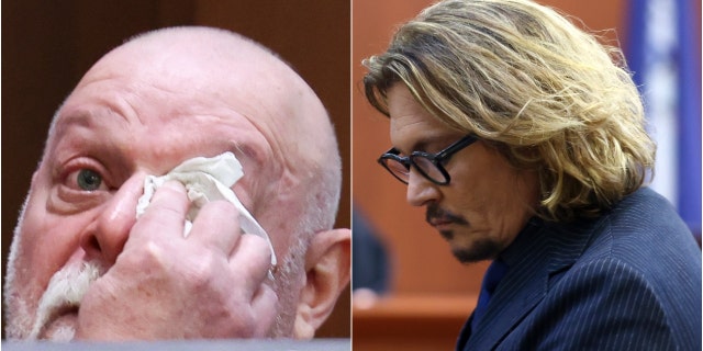 A photo combination of Isaac Baruch on the stand and Johnny Depp in the courtroom at Depp's defamation trial against ex-wife Amber Heard in Fairfax, Virginia.