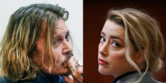 Johnny Depp and Amber Heard in a courtroom in Fairfax, Va.