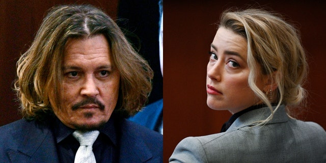 Johnny Depp and Amber Heard appear in the courtroom during the $  50 million Depp vs Heard deformation trail at the Fairfax County Circuit Court April 12, 2022, in Fairfax, Virginia. 