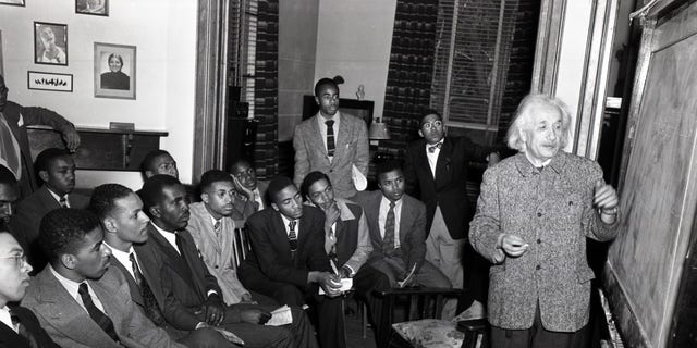 Professor Albert Einstein delivers a lecture on his Theory of Relativity to Lincoln University students in 1946. Courtesy of John W. Mosley Photograph Collection, Charles L. Blockson Afro-American Collection, Temple University Libraries, Philadelphia, Pa.