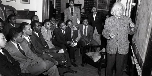Professor Albert Einstein delivers a lecture on his Theory of Relativity to Lincoln University students in 1946. Courtesy of John W. Mosley Photograph Collection, Charles L. Blockson Afro-American Collection, Temple University Libraries, Philadelphia, Pa.