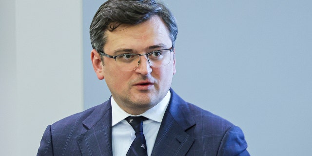 Ukraine's Foreign Minister Dmytro Kuleba is seen following a meeting of NATO foreign ministers at NATO headquarters in Brussels on April 7, 2022.