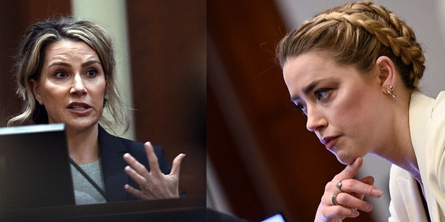 Combinazione di foto della dottoressa Shannon Carrie (a sinistra) բեր Amber Heard (a destra) in tribunale il 26 aprile 2022.