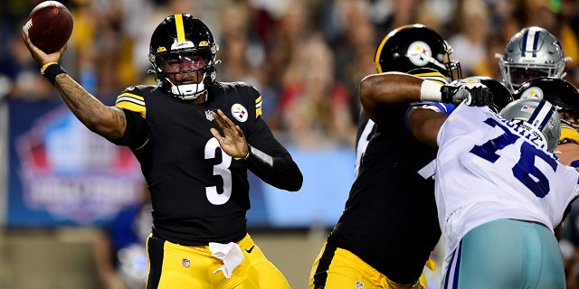 Dwayne Haskins of the Pittsburgh Steelers passes against the Dallas Cowboys at Tom Benson Hall Of Fame Stadium on Aug. 5, 2021, in Canton, Ohio.