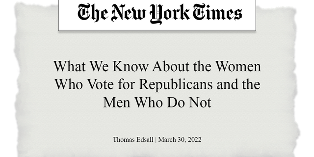 Thomas Edsall wrote in the New York Times, "What We Know About the Women Who Vote for Republicans and the Men Who Do Not"