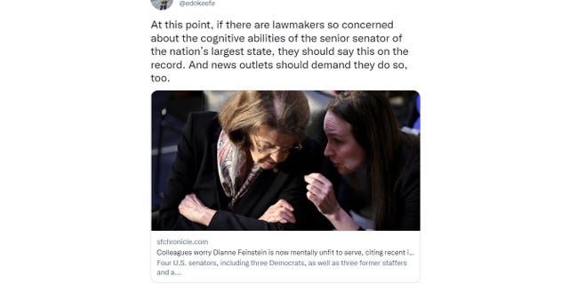 CBS reporter Ed O'Keefe demanded in an April 14, 2022 tweet that lawmakers concerned over Sen. Dianne Feinstein's, D-Calif., cognitive ability should go on the record about it. (Screenshot/Twitter)