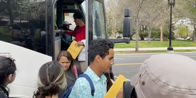 A fourth migrant bus from Texas arrived in Washington, D.C., near the U.S. Capitol, April 16, 2022.