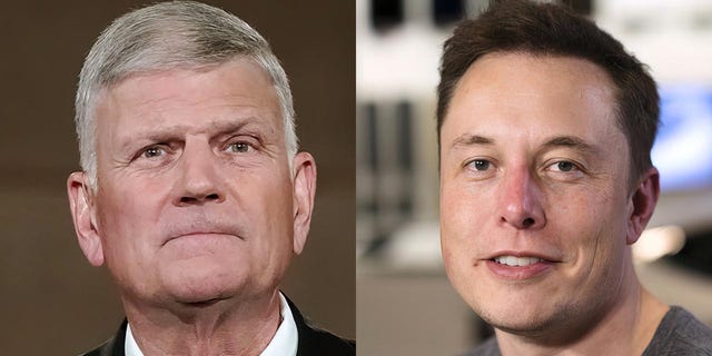 Franklin Graham (at left); Elon Musk is at right. Said Rev. Franklin Graham to Fox News Digital, "I hope Twitter comes to see the value of free speech … and starts celebrating it instead of censoring it."