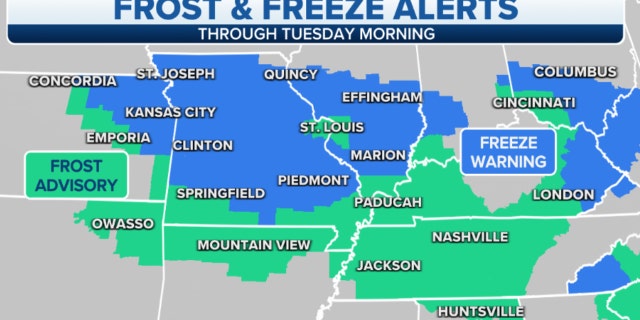 Mid-Atlantic, Ohio River Valley frost and freeze alerts