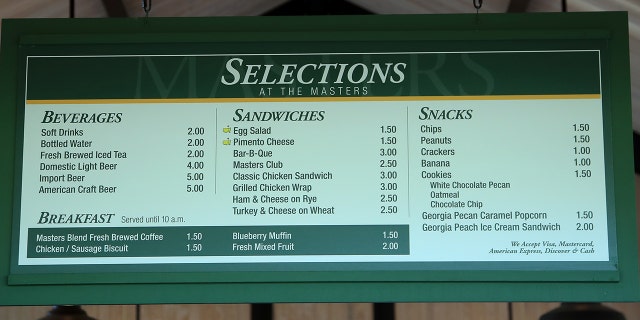 A detailed view of Masters food item prices at Augusta National Golf Club on April 10, 2019, in Augusta, Georgia.