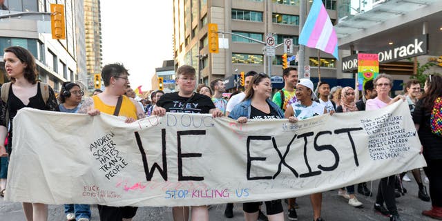 تماشاگران حمایت خود را از افراد ترنسجندر و غیر باینری در طی راهپیمایی ترنس در تورنتو، انتاریو، در 21 ژوئن 2019 نشان دادند.