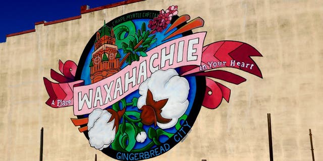 A mural promoting the city on a building in downtown Waxahachie, Texas.