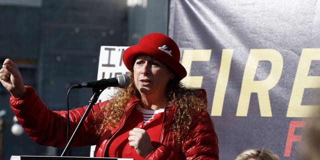 Abigail Disney speaks during a "Fire Drill Friday" climate change protest Nov. 15, 2019, in Washington, D.C.