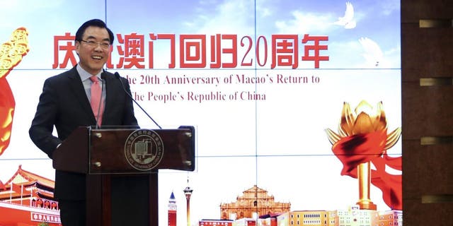 Chinese Consul General in New York Huang Ping addresses a reception celebrating the 20th anniversary of Macau's return to the motherland in New York, Dec. 12, 2019.