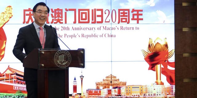 Chinese Consul General in New York Huang Ping addresses a reception celebrating the 20th anniversary of Macau's return to the motherland in New York, Dec. 12, 2019.