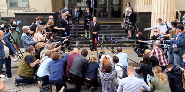 US ambassador to Russia John Sullivan speaks with the media outside the Moscow City Court in Moscow on June 15, 2020. 
