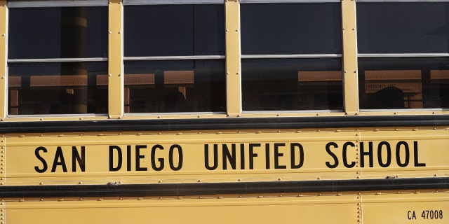 San Diego Unified School District signage is seen on a Navistar International Corp. school bus.