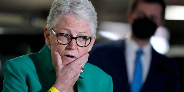 White House Climate Adviser Gina McCarthy and Secretary of Transportation Pete Buttigieg hold a news conference about the American Jobs Plan and to highlight electric vehicles at Union Station near Capitol Hill on April 22, 2021, in Washington, D.C.