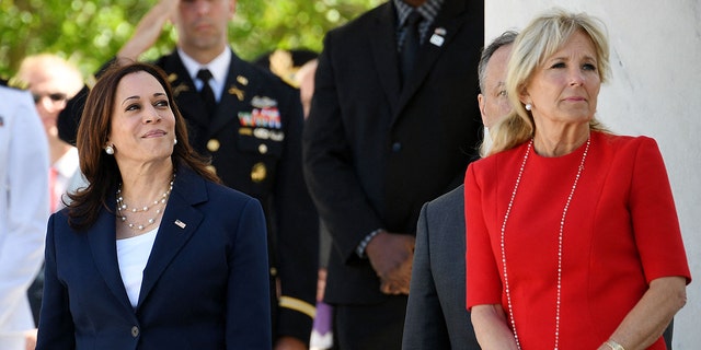 Vice President Kamala Harris and first lady Jill Biden listen as President Biden delivers an address at the 153rd National Memorial Day Observance at Arlington National Cemetery on Memorial Day in Arlington, Va., May 31, 2021.